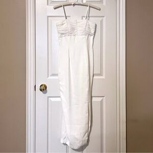 White Midi Ruched Jewelled Bust Long Formal Slit Cocktail Dress - Sz S